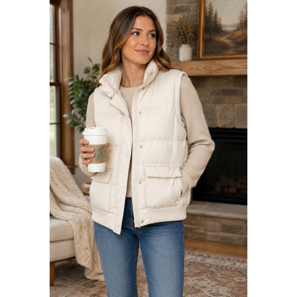 Gap Women's XL Ivory Down Puffer Vest Fleece Collar Ribbed Hem Utility Pockets
